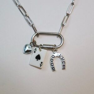 Silver Charm Necklace with Heart, Card, and Horseshoe! handmade!!